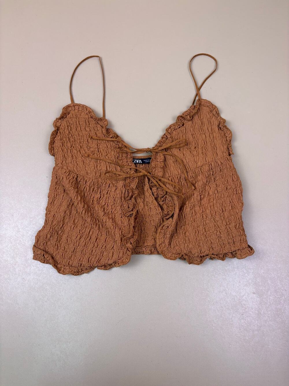Zara Women’s Small Brown Smocked Lace Up Ruffle Cami Crop Top NWT